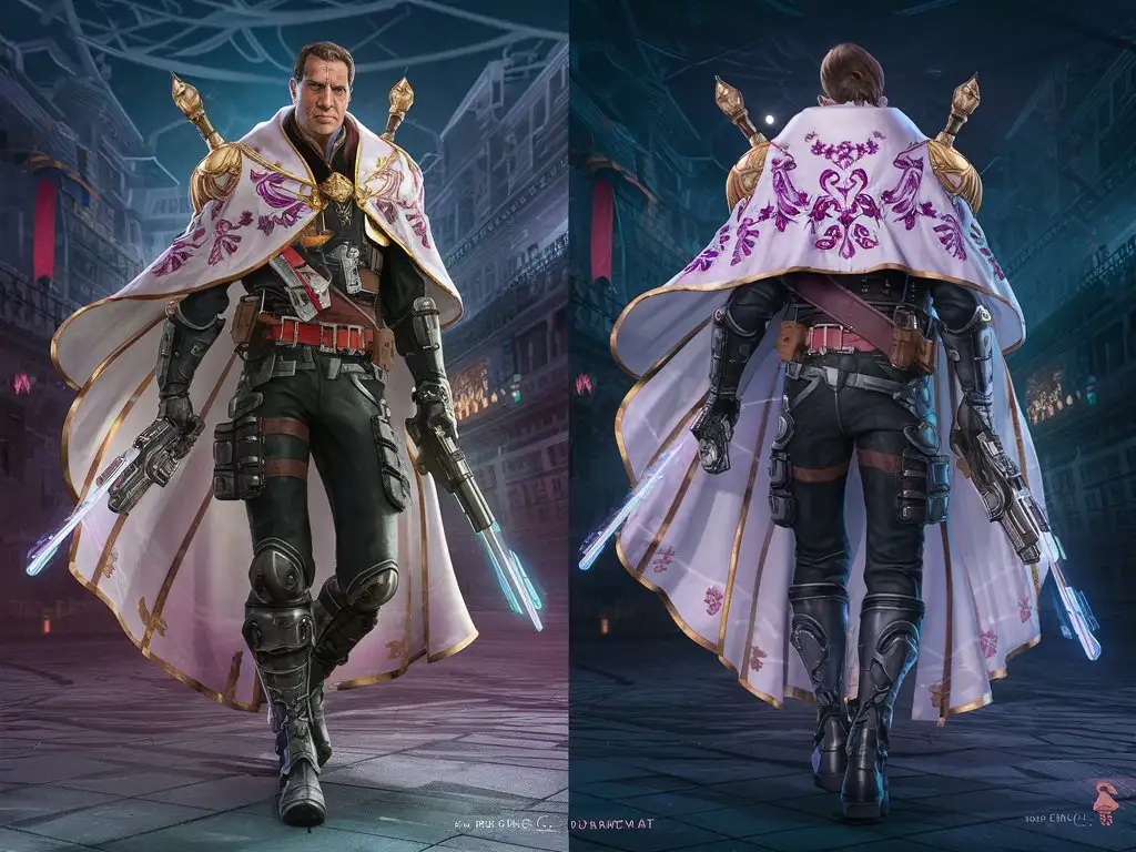 tall slender serious 40s male, white-gold flowing cloak with purple pink embroidered inside, old-fashioned gilded fantasy armor breastplate vambraces greaves, black tactical cyberpunk techwear pants gloves boots, futuristic royal guard uniform, cyberpunk energy lance and pistol, retrofuturistic cyber-medieval european palace in space, dystopian vaporwave lighting, videogame animation setting-character concept splash page