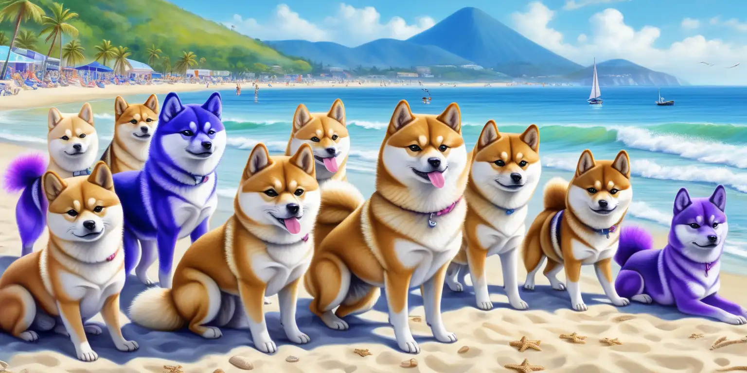 A lots of shibas with purple fur on beach with blue water
