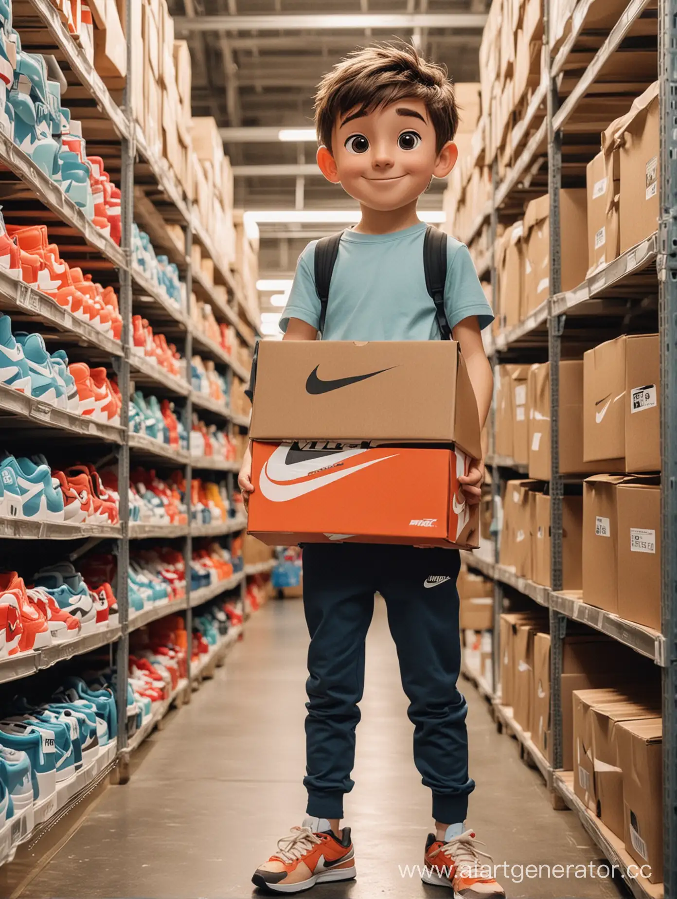 Cartoonish-Boy-Holding-Nike-Sneakers-in-Warehouse
