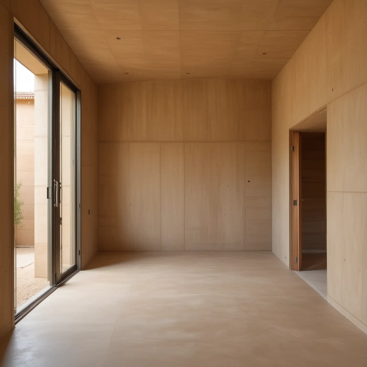 A 3 bedroom house in 3 separate blocks extending from a spine , with walls in rammed earth , with course lines every 1 foot, in the style of Tadao Ando
