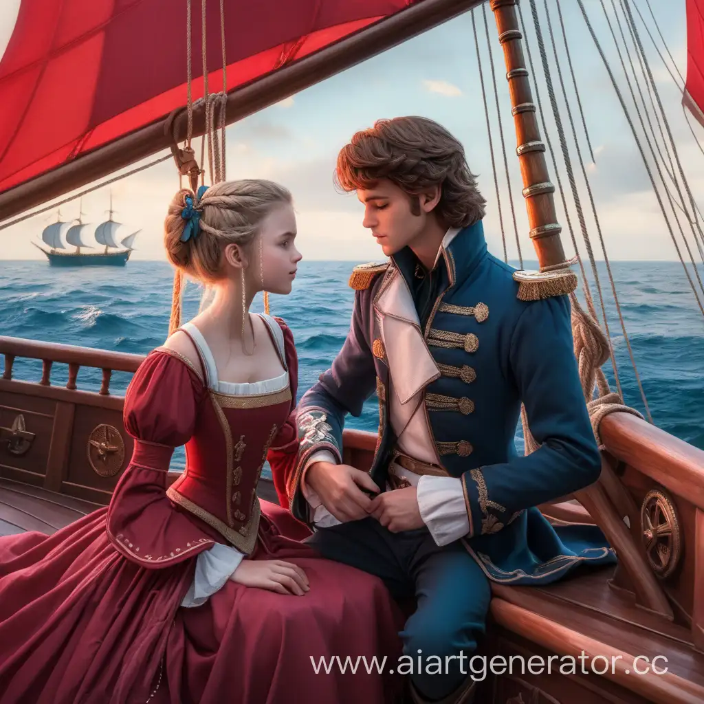 Девушка и принц на корабле с алыми парусами