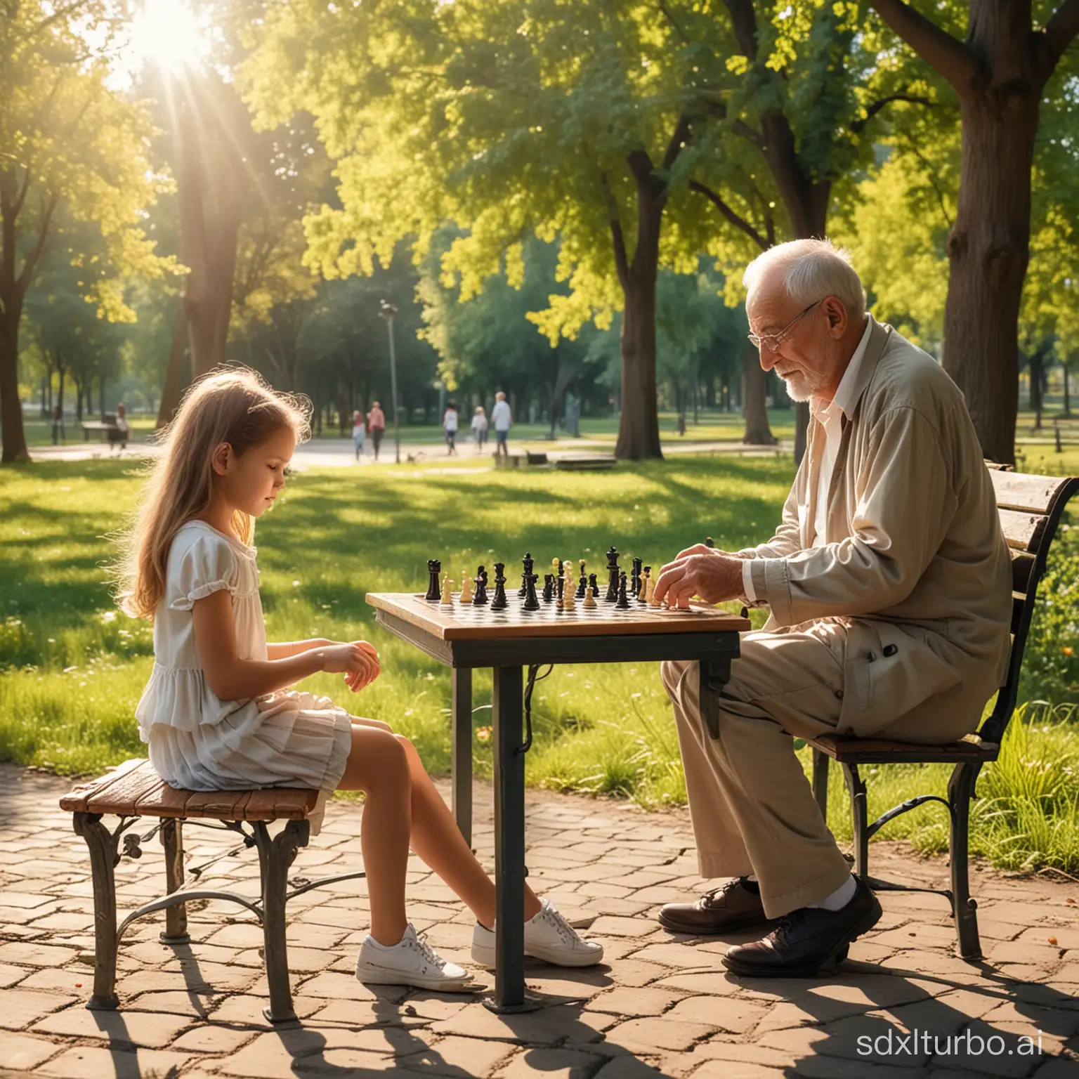 An old, old grandfather and a little girl play chess in a deserted park on a bench. It's nice weather. The sun is shining. There is a lot of vegetation in the background.