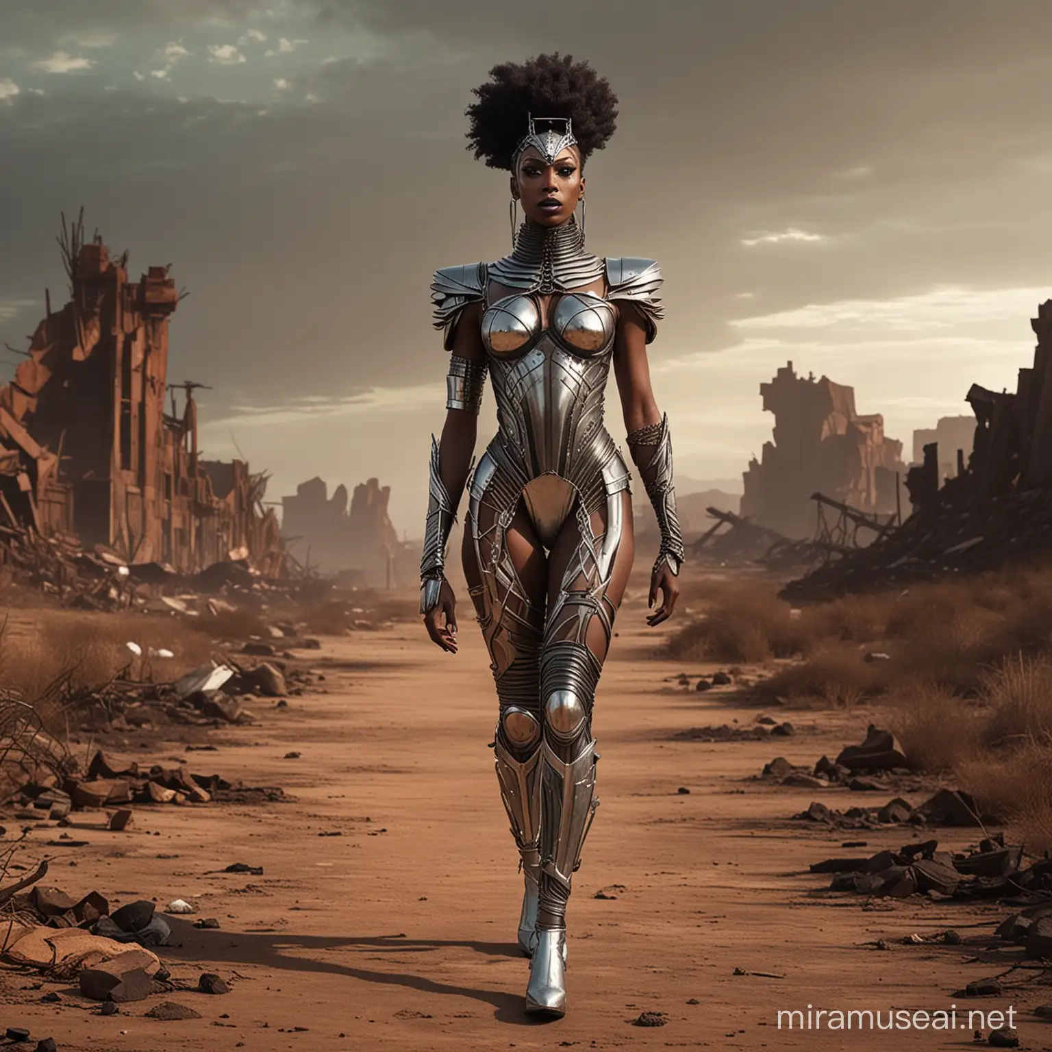 a full body image of a skinny african american drag queen walking standing in a apocalyptic landscape wearing an outfit inspired by the prompt: futuristic monarch