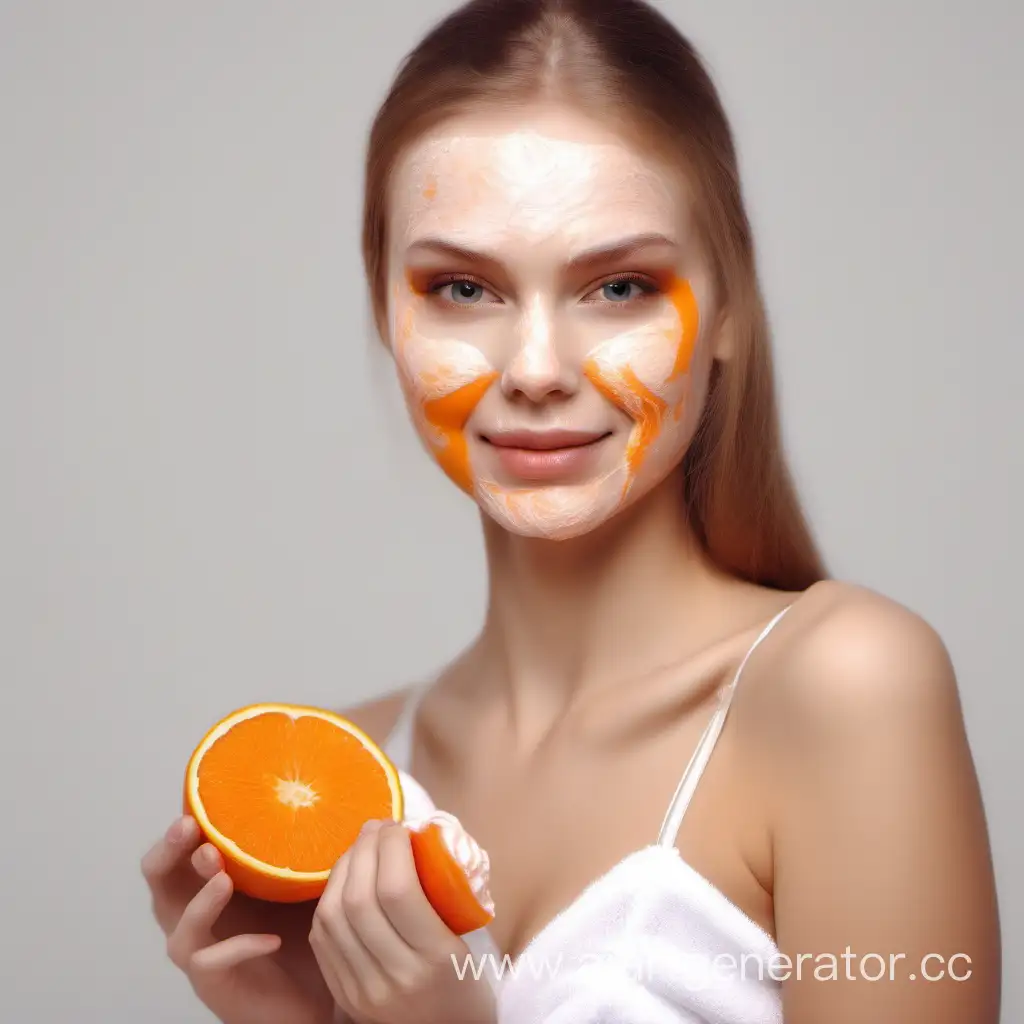 красивая девушка славянской внешности в нижнем белье наносит оранжевый скраб для тела тонким слоем