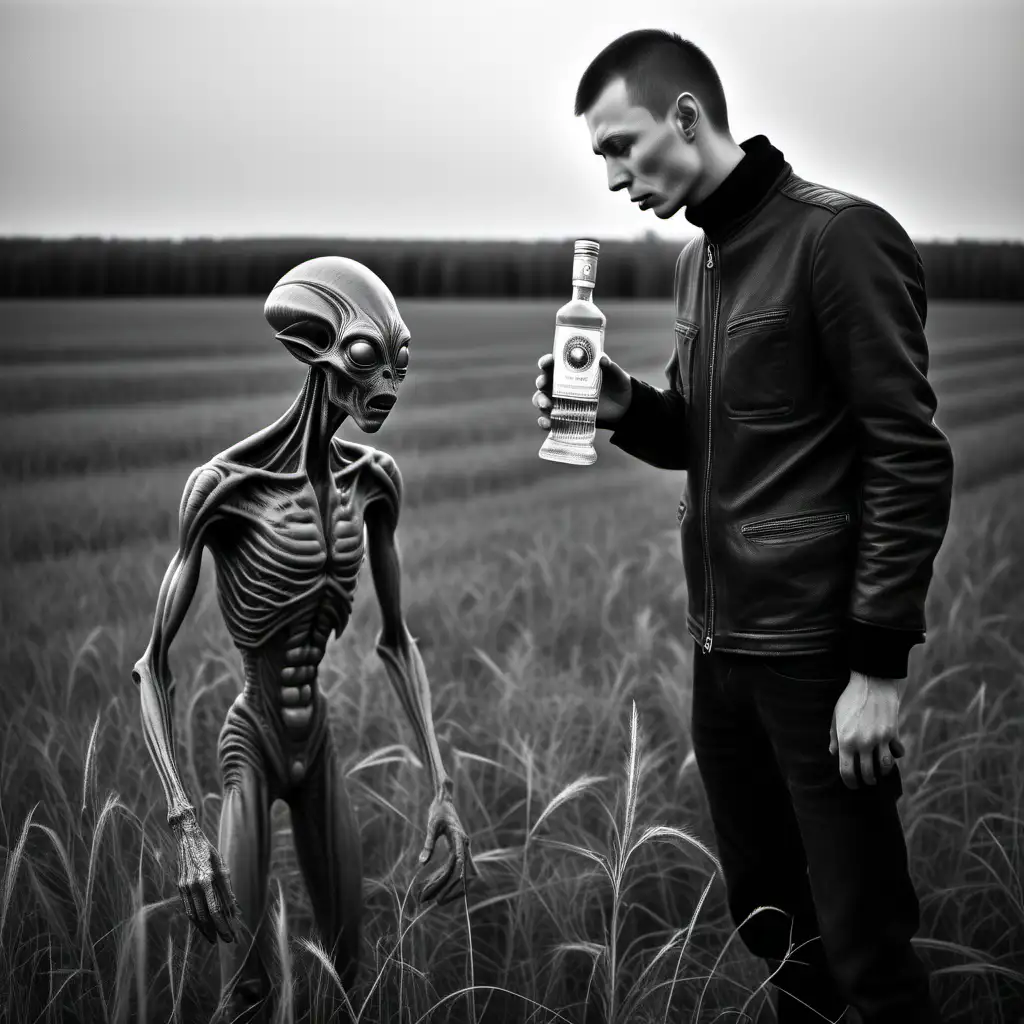 руский мужик  в   пьет водку с инопланетянином  поле  ,  чб фотографияя