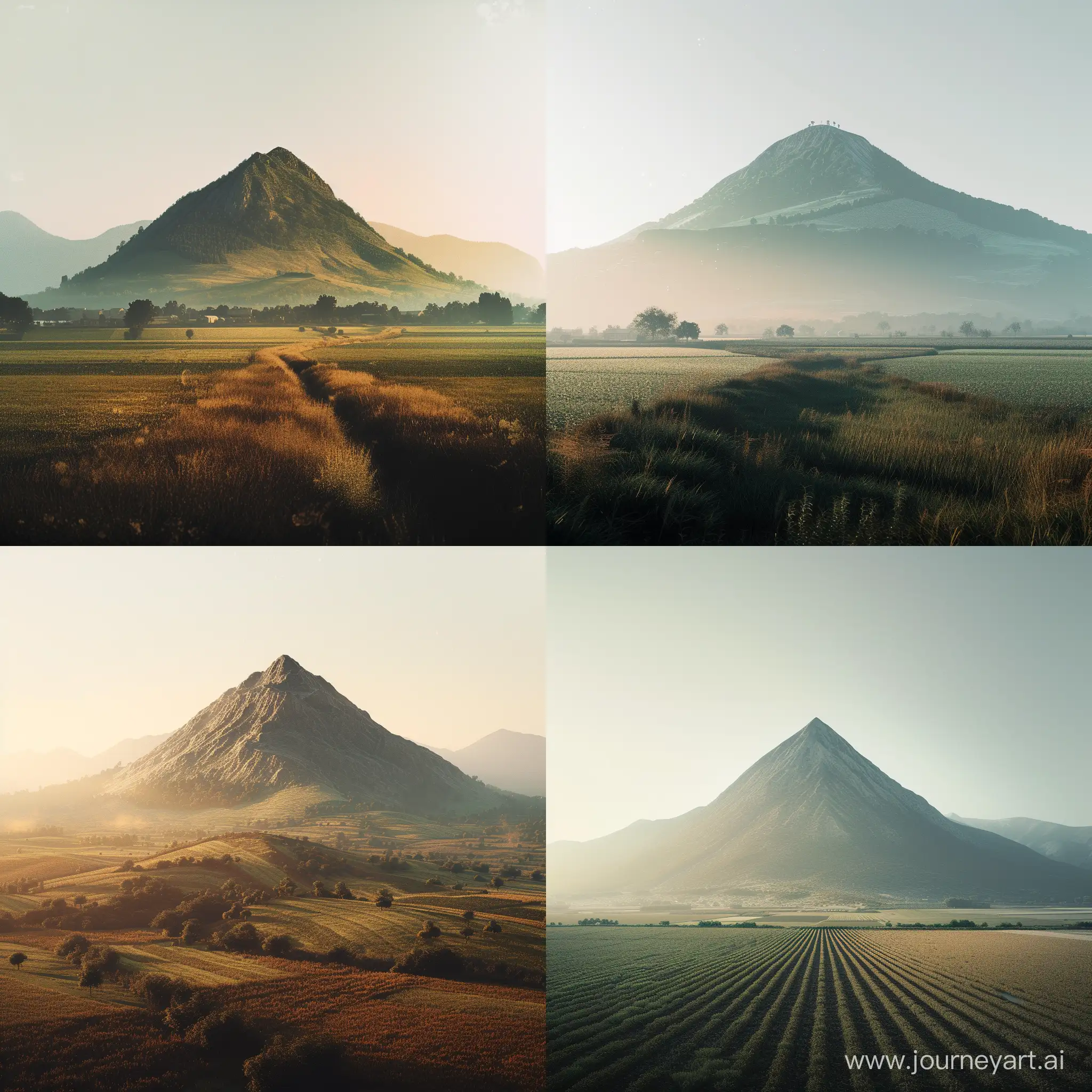  mountain in the middle of a beautiful farmland, 8k, haze, ultra-detailed, film photography, light leaks, trending on artstation, sharp focus, highly detailed