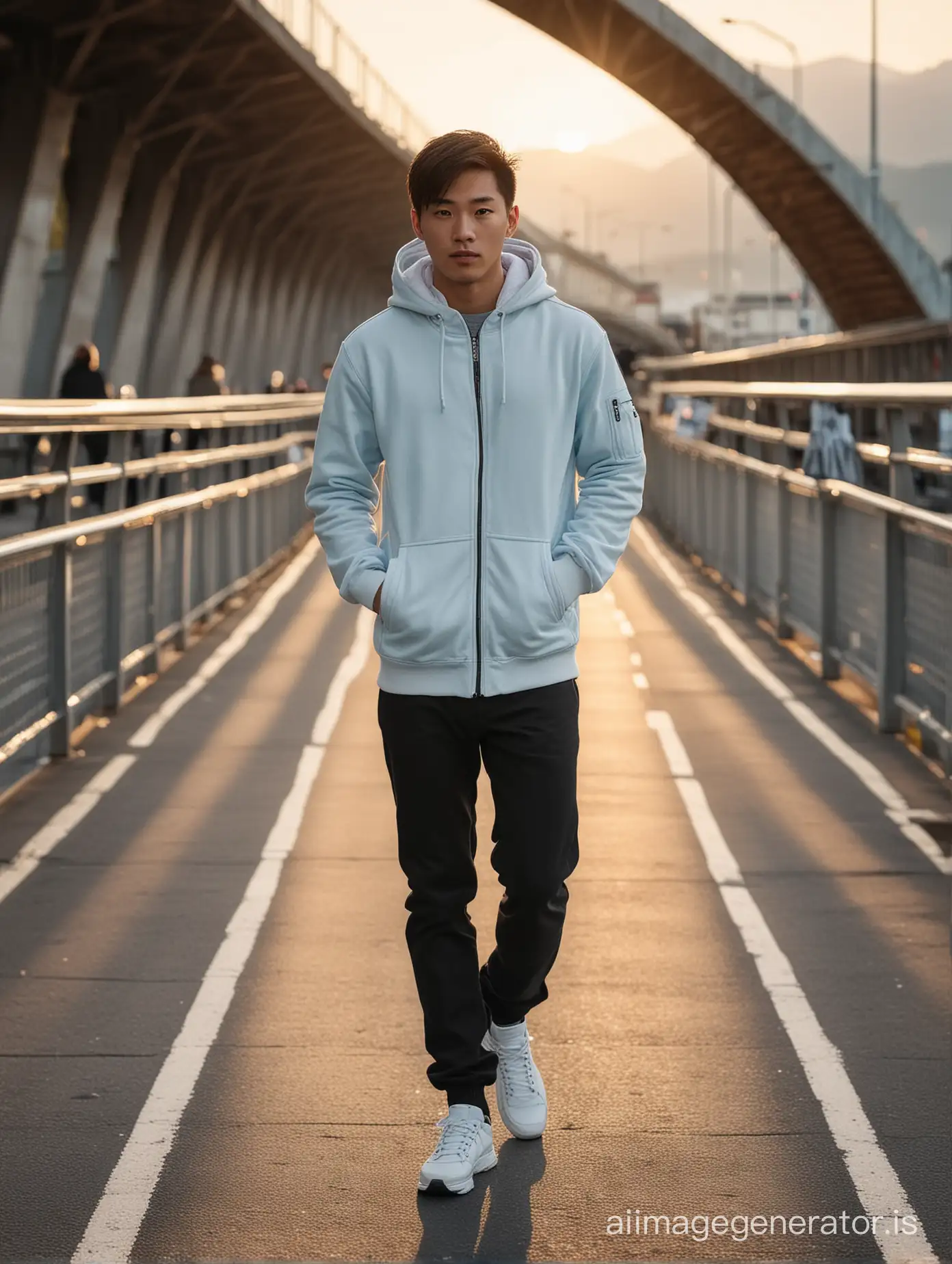 "A masterpiece long shot of a young Asian man with very short hair, wearing an open white and black hoodie jacket, light blue slim-fit pants, Airwalk shoes, and black gloves, casually strolling on the Europabrucke Bridge in Switzerland, facing the camera during the late afternoon. The sunset adds dramatic effects with bokeh and auto focus, showcasing the highly detailed and realistic quality of the scene."