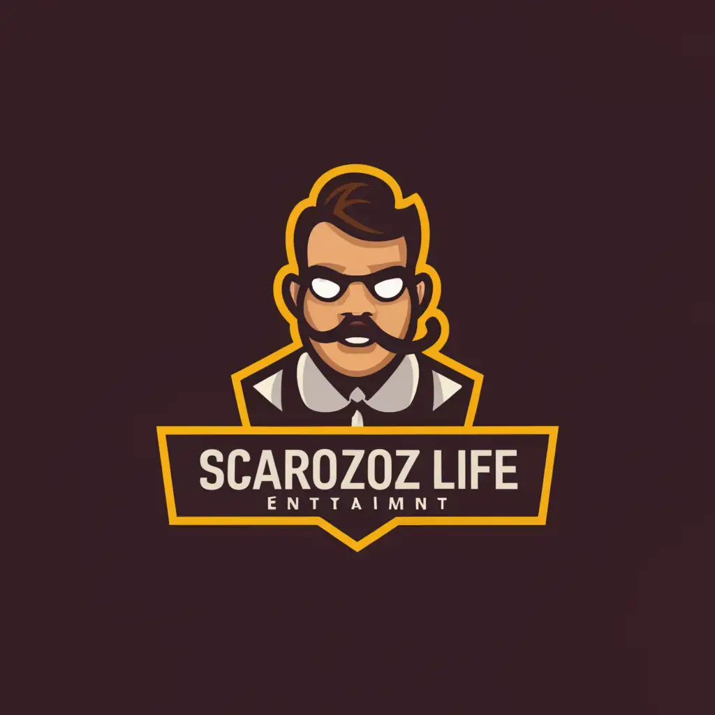 a logo design,with the text "Scardozolife", main symbol:A man with a mustache and beard with cochlear implants in video games,Moderate,be used in Entertainment industry,clear background