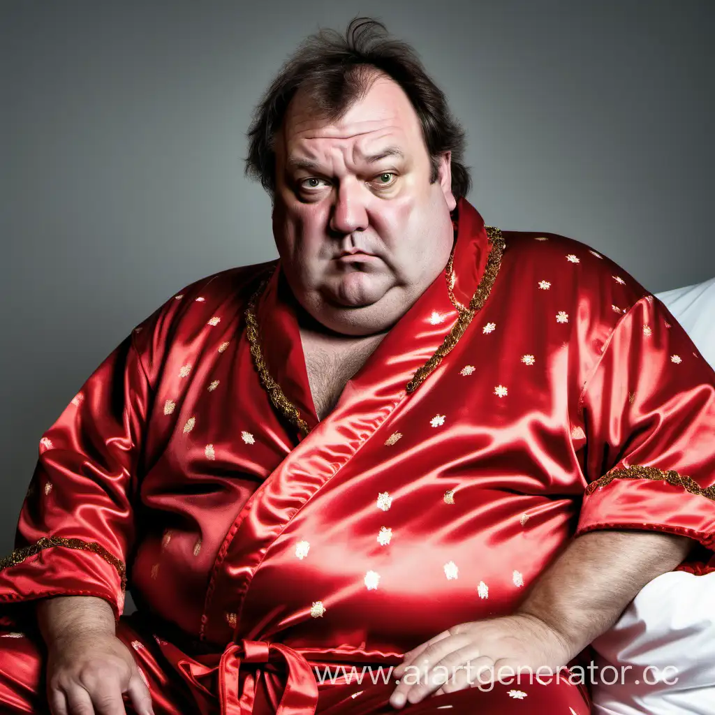 толстый богатый мужчина с бакенбардами средних лет в красном пижамном халате растрепанный