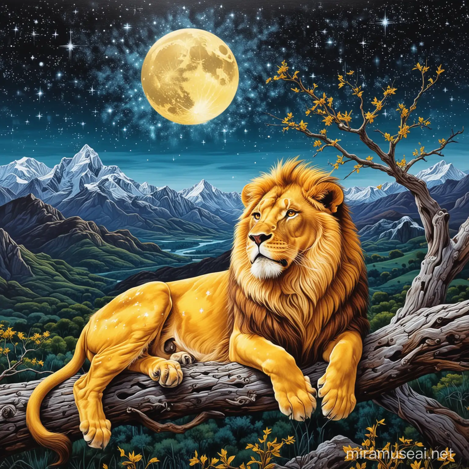 yellow lion, lying on a branch, mountains and starry sky, pop art painting, clear contrast colour,