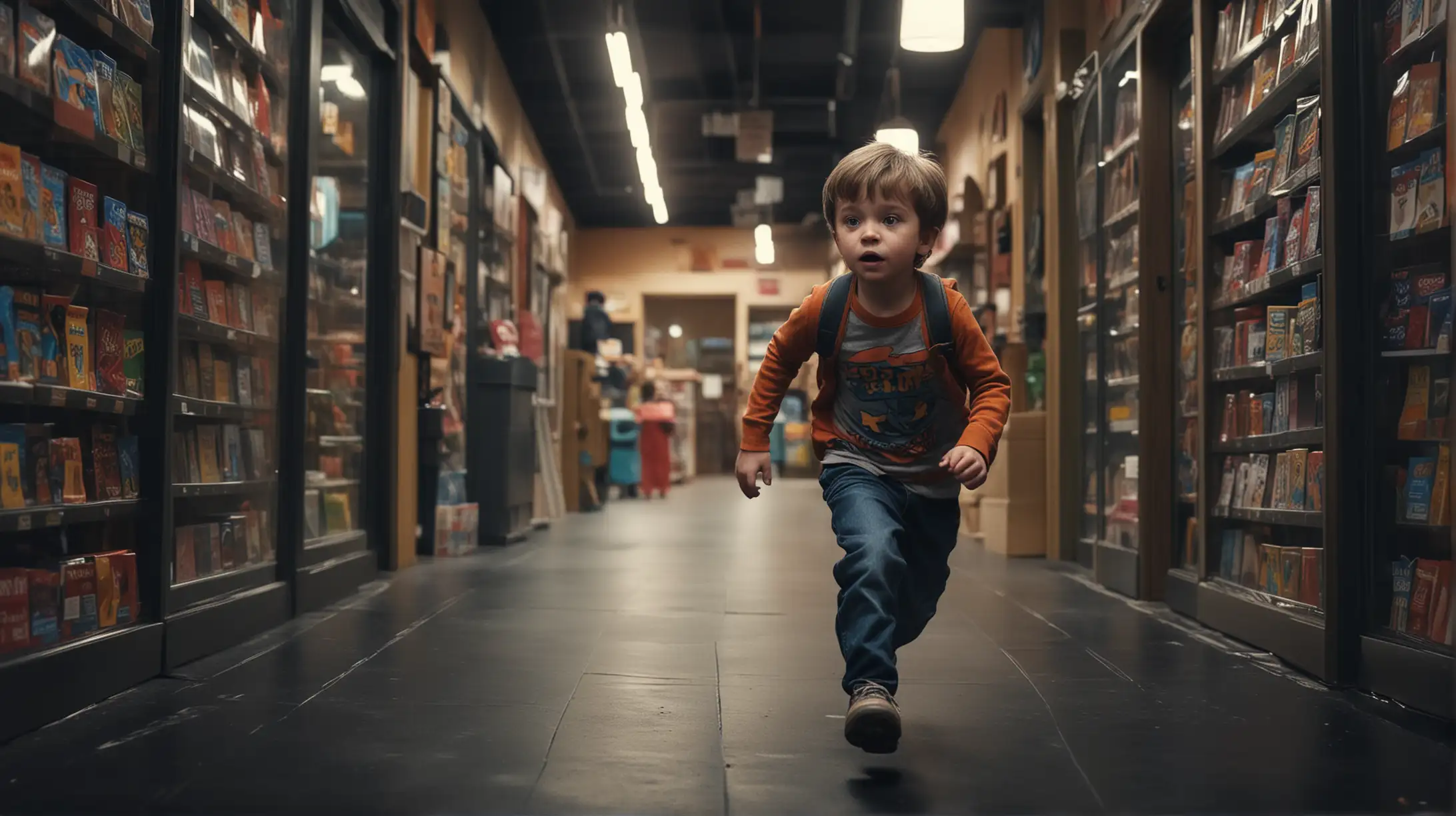 A close up image of a 6 year old cute little boy is running towards the exit of the pet store. Create Spirited, mildly dark and colourful, atmospheric images inspired by noir video games. Use with Vision XL for best results.