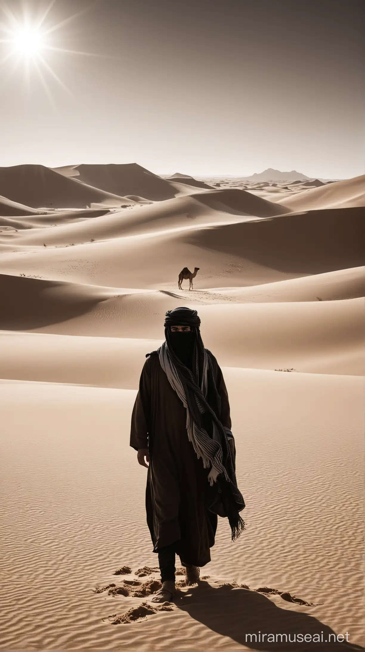 Create a striking scene featuring an Arab man standing amidst the vast expanse of a desert landscape. Show the man dressed in traditional black attire, his face partially obscured by a scarf or shemagh covering his mouth and nose, shielding him from the blowing sand and harsh sun. Depict the man's gaze fixed on the horizon, his posture conveying a sense of resilience and determination despite the challenging conditions. Surround him with rolling dunes and shimmering heat waves, with the silhouette of distant sand dunes and a solitary camel adding to the sense of isolation and desolation. Capture the timeless beauty and rugged majesty of the desert, with the man embodying the enduring spirit of survival and adaptation in this unforgiving environment. Ensure that the scene evokes a sense of mystery and intrigue, inviting viewers to contemplate the man's journey and the secrets hidden within the sands of the desert."