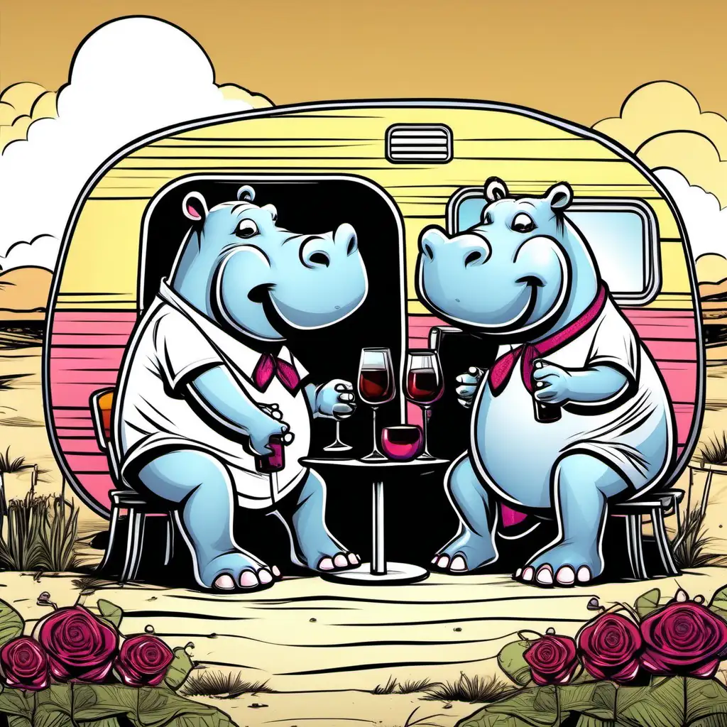 Two hippos romantically drinking wine in front of the caravan (comic style)