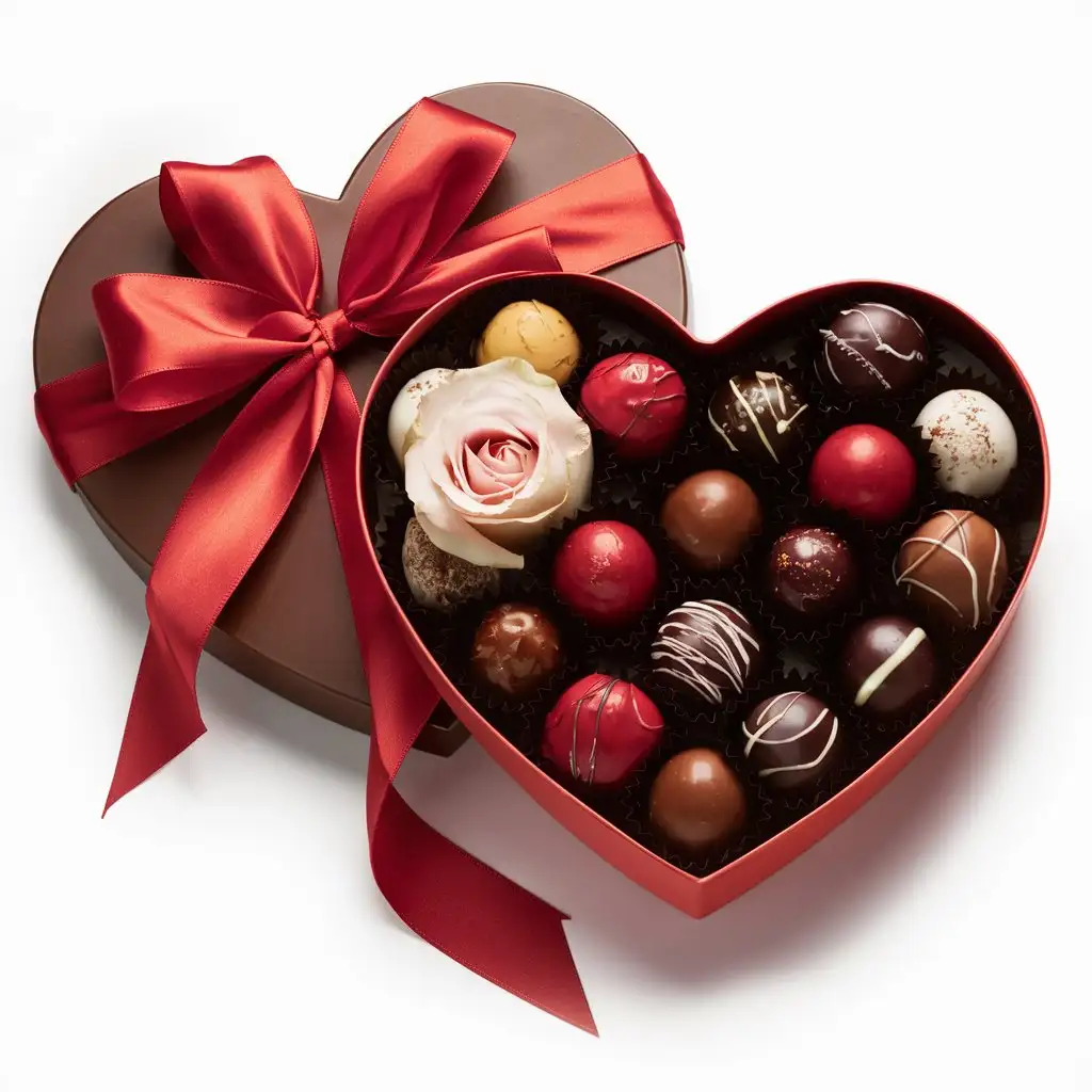 A heart-shaped box of chocolates tied with a red ribbon for Valentine's Day.