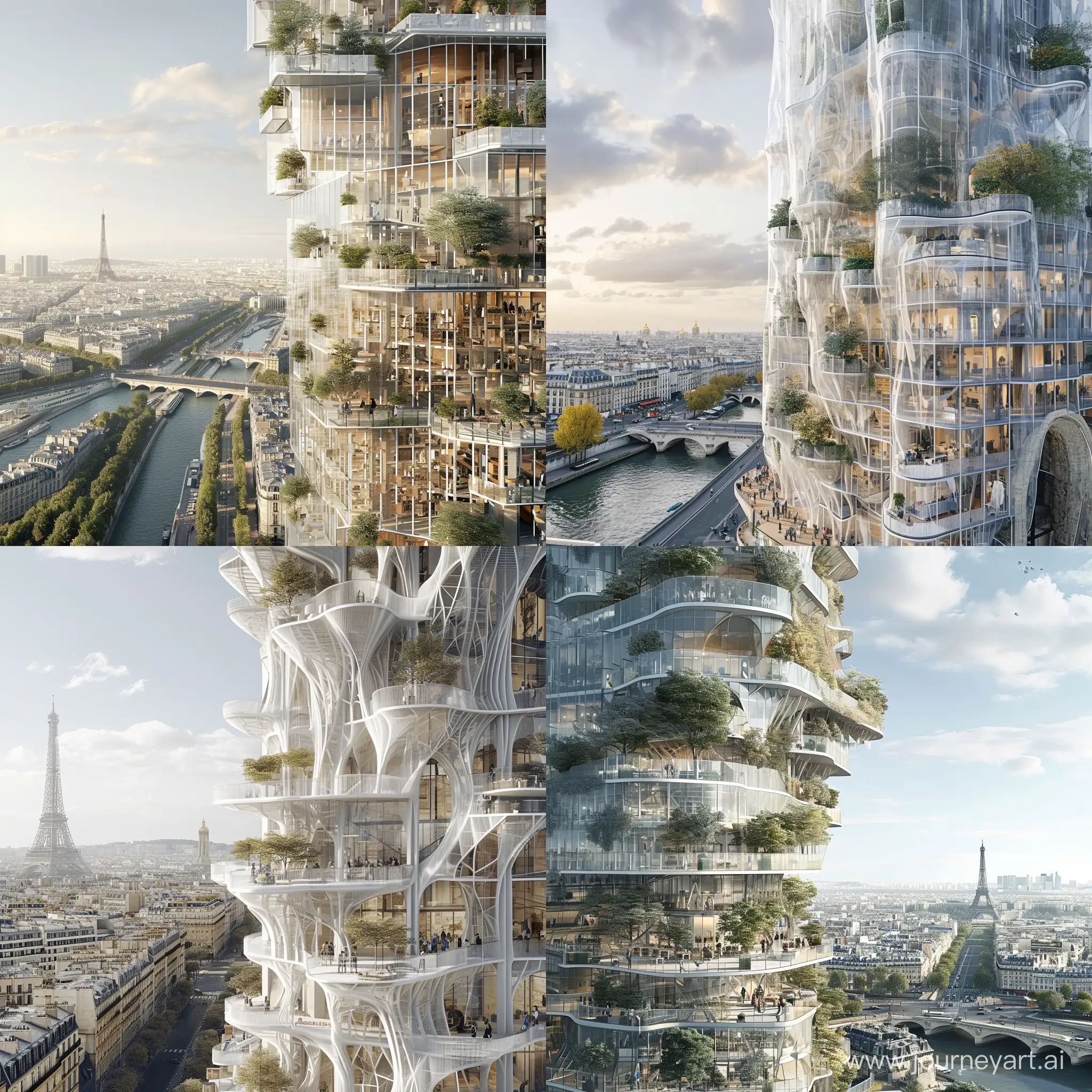 Rascacielos Cultural en París, con una fachada paramétrica que refleja la historia y la cultura de la ciudad. Incorporación de espacios culturales, galerías de arte y terrazas con vistas a los icónicos monumentos parisinos