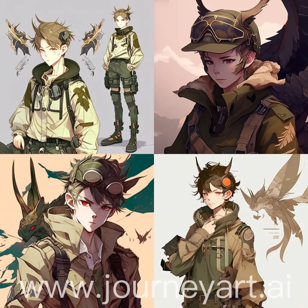 anime boy design, dragon, horns, military style clothes,