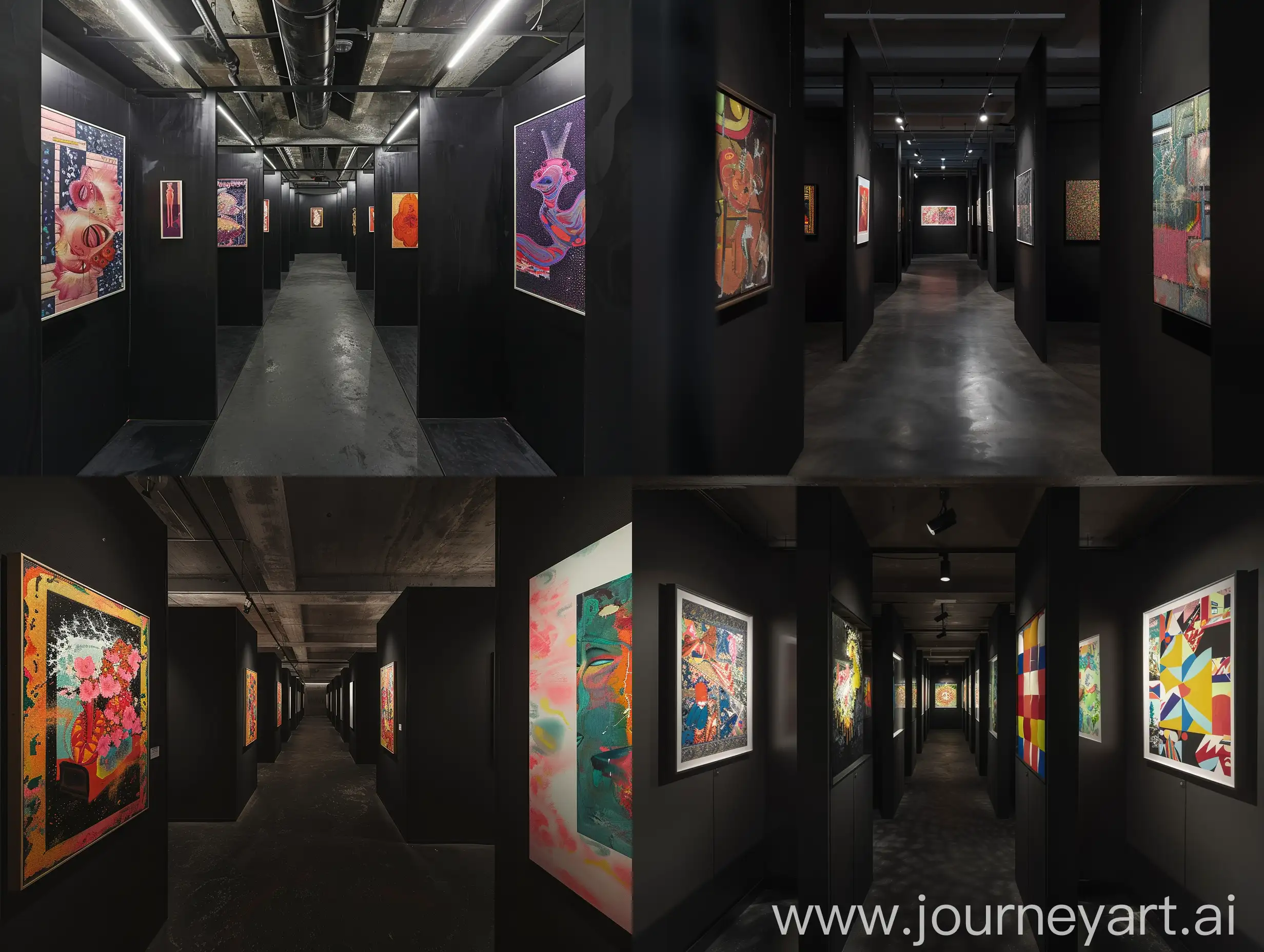 A dark and narrow gallery with artworks in one personal booth each. The booths are spacious and minimalist, with black walls and floors. Partitions between each artworks are 1 meter long. The artworks are colorful and diverse. The gallery has no windows and relies on indirect artificial lighting. The artworks are only visible when the viewer enters the booth. The gallery has a corridor-like shape that creates a sense of mystery and exploration.