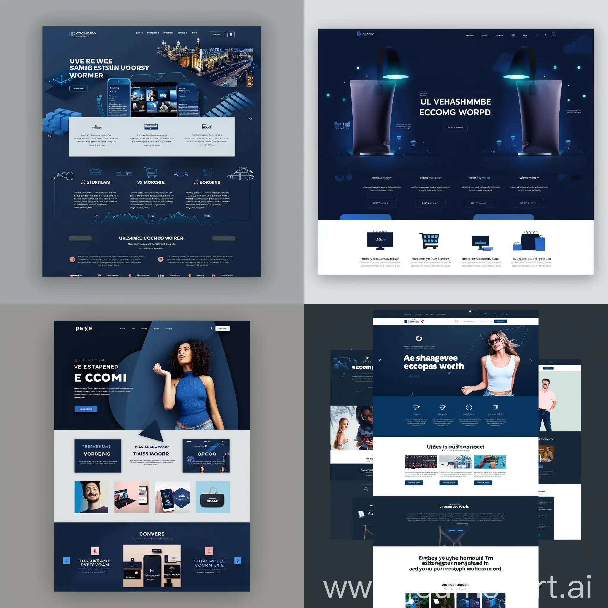 Make me professional stylish e-commerce company landing page with main color blue/dark blue. We are shaping the ecom world!