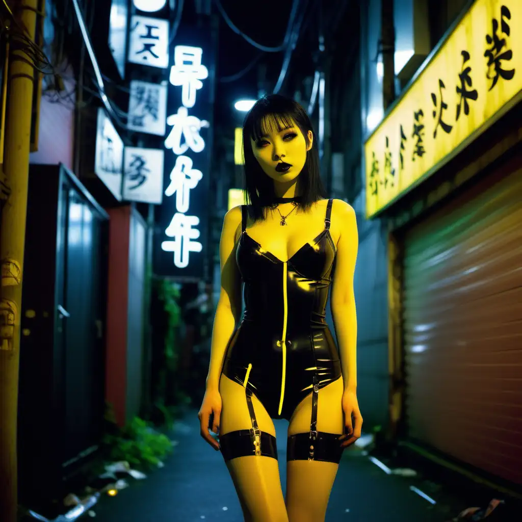 Goth Girl in Tokyo Night Sultry Latex Lingerie Amidst Yellow Neon Lights