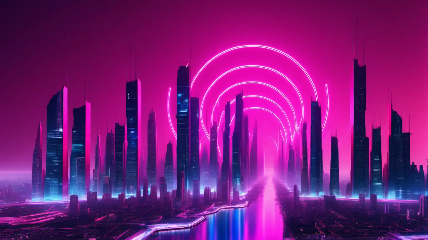 An ethereal display of neon pinks and electric blues igniting the skyline of a futuristic metropolis