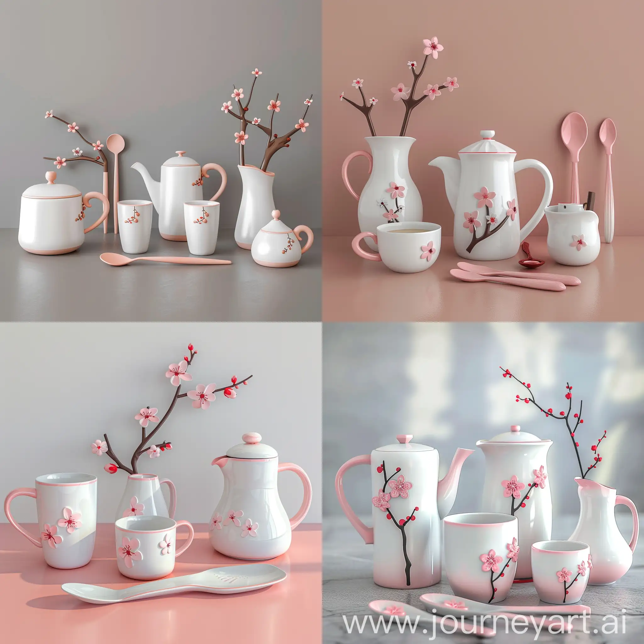 咖啡器具组合，器具上有凸起梅花装饰，一个咖啡杯，一个咖啡壶，一个奶罐，一个汤匙，白粉配色，效果图，高清，放在桌子上