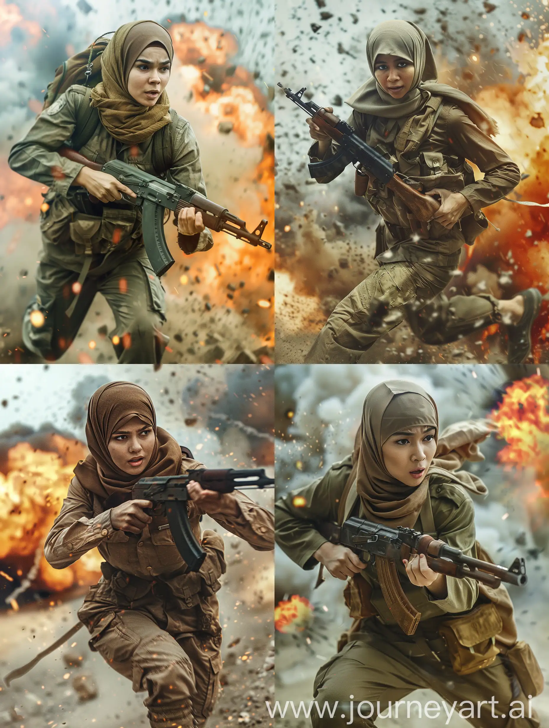 a beautiful hijab woman wearing a World War II soldier costume imitates human (soldier) movements. He holds an ak47 gun from the World War II era in his hand, a movie scene of running desperately on the battlefield, with explosions behind him.High quality. 8K HD.