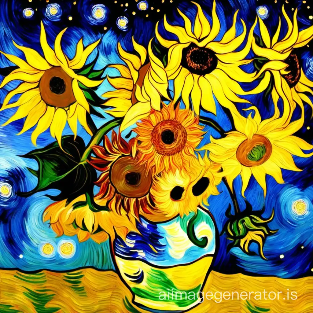 Van Gogh's paintings "Sunflowers" and "Starry Night," combined by design into one work, all the strokes in the picture are very clear, as on the originals of Van Gogh