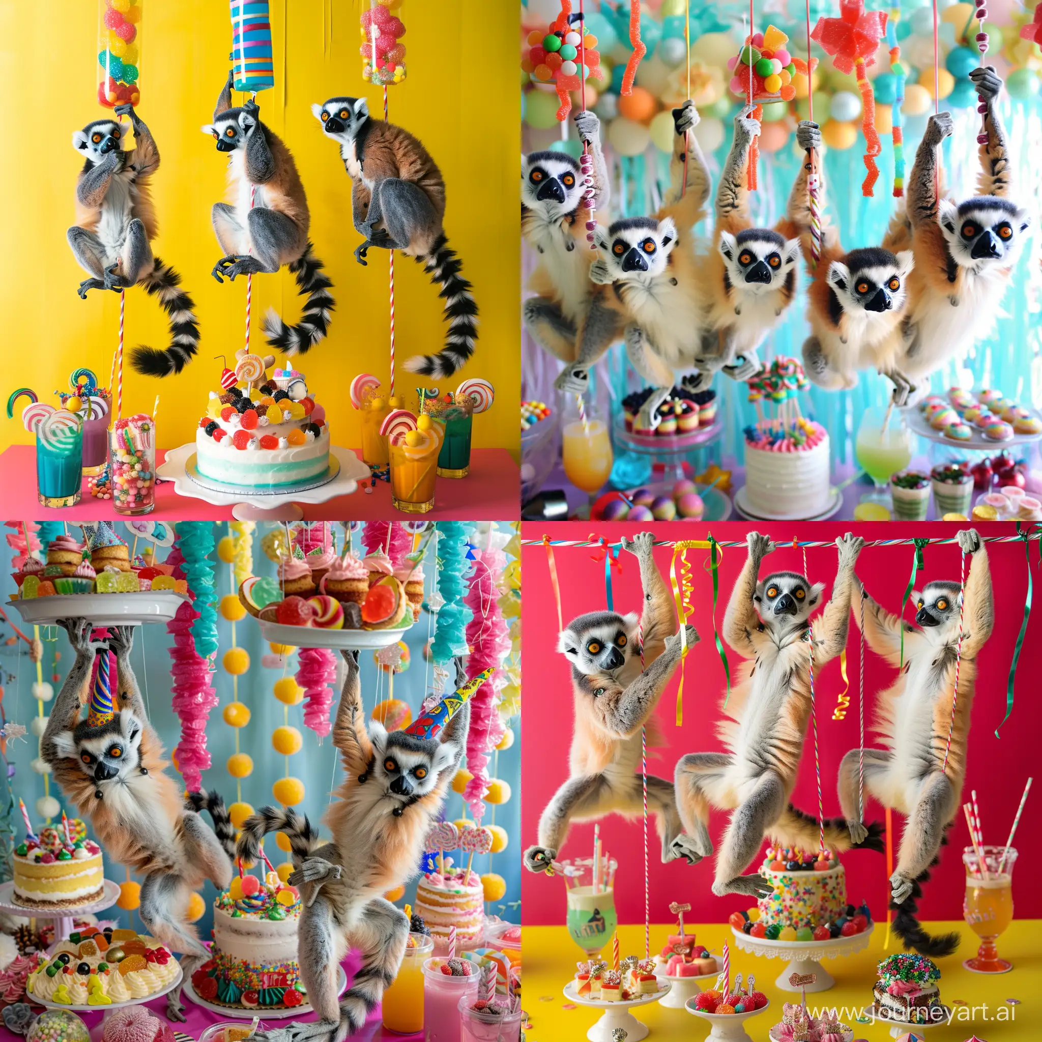 Ring failed lemurs hanging a birthday party.  Cake, candy, desserts, drinks. Vivid colors. Decorations
