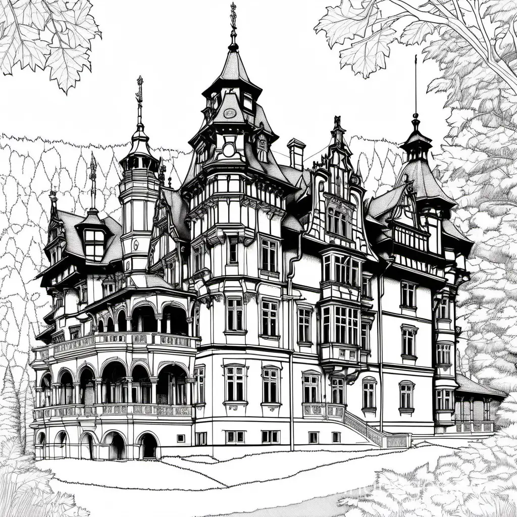 Peles Castle:
Situated in the Carpathian Mountains near Sinaia, Peles Castle is a stunning Neo-Renaissance castle known for its picturesque setting and intricate architecture. It was a royal residence and is now a museum., Coloring Page, black and white, line art, white background, Simplicity, Ample White Space. The background of the coloring page is plain white to make it easy for young children to color within the lines. The outlines of all the subjects are easy to distinguish, making it simple for kids to color without too much difficulty
