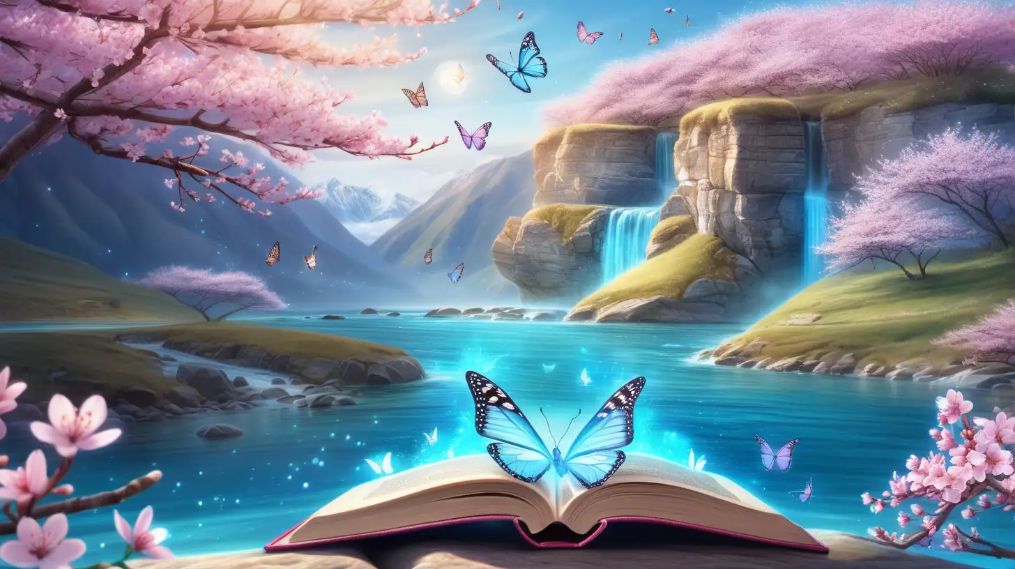 fairytale magical book that has butterflies on it, a glowing bright blue river in the mountains by ocean cliffs with cherry blossoms