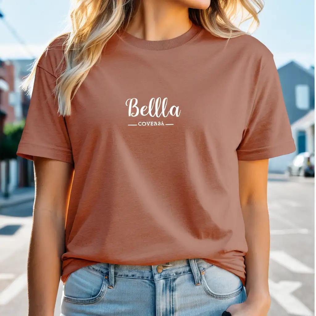 blonde woman wearing bella canvas 3001 oversized heather clay t-shirt mockup wearing jeans, clear shirt stiches, street background