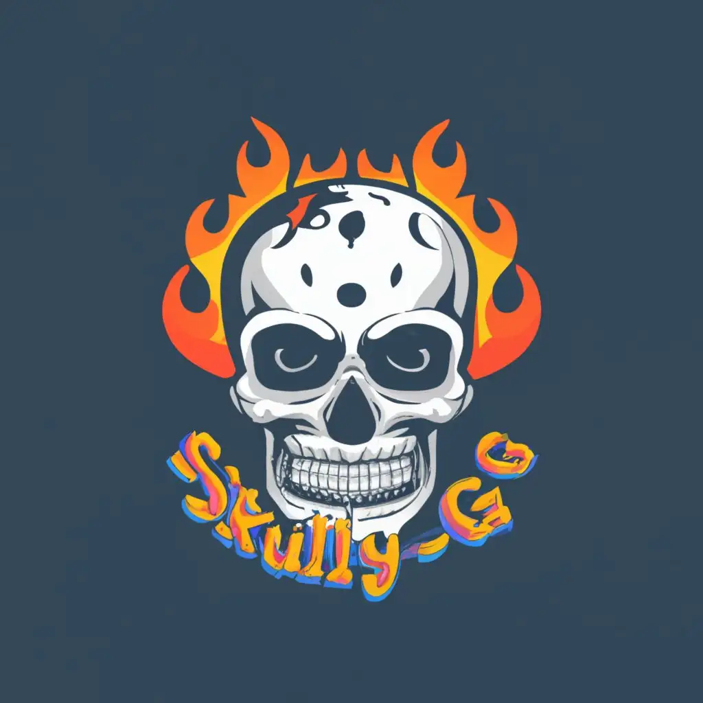 logo, sugar skull with burning flames, featuring a colorful and intricate design with the print top and bottom "Skully-G" as a banner, with the text "Skully-G", typography, be used in Retail industry