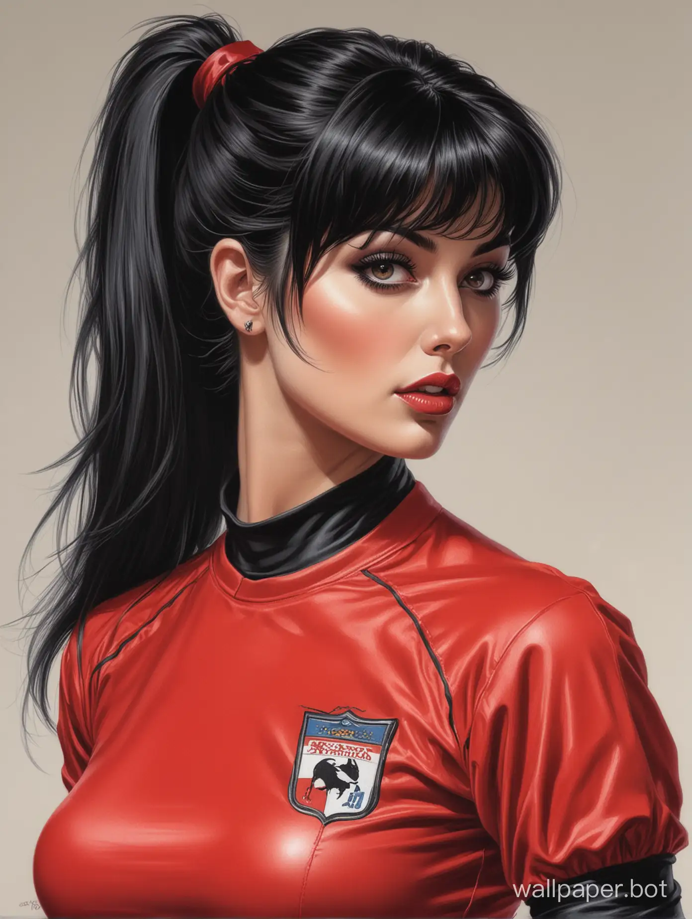 sketch Elvira Mistress of Darkness 25 years old dark hair with ponytails 6 size chest narrow waist In red and black soccer uniform white background high realism Style Boris Vallejo portrait in semi-profile