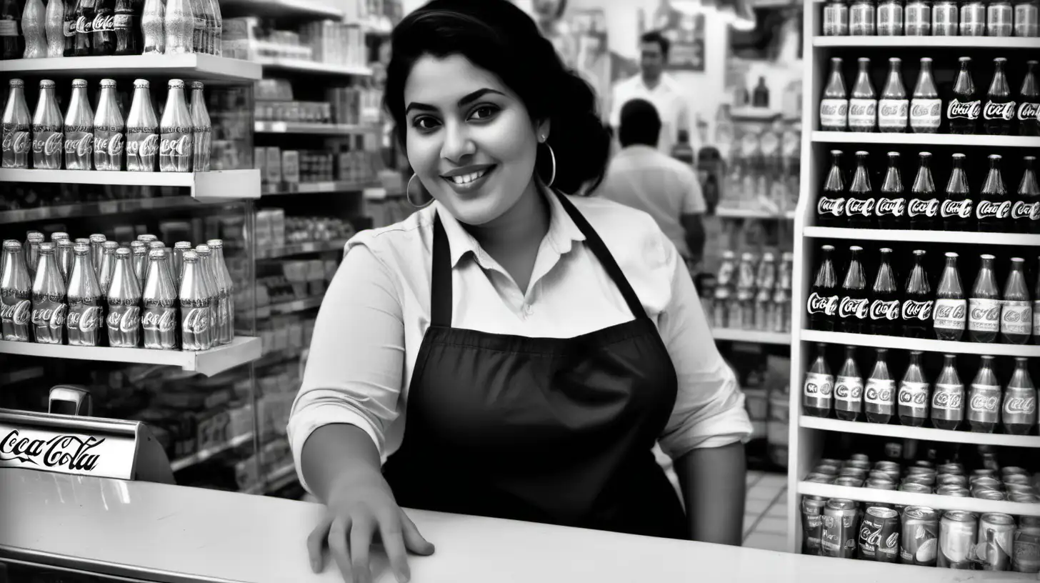 Latin Hipster Woman Shop Owner Selling Coca Cola Behind Counter