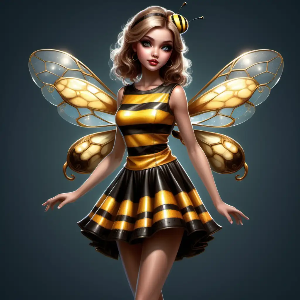 a beautiful very trendy style bee girl. 
In a glamorous and trendy short sleeveless dress. 
Beautiful details factions. 
Lip gloss. 
Big eyes. 
Trendy shoes.
High quality. 
HD. 
no background. 
Thomas Kinkade style, Nadja Baxter Anne Stokes Nancy Noel --ar 4:5 --niji 5
