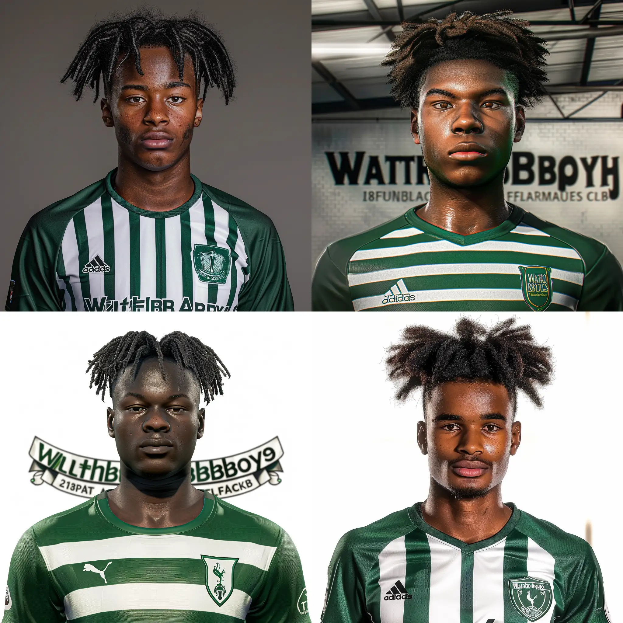 Ultra Realistic team profile photo of 18 year old football player for Waltham Abbey Football Club. Green white striped football jersey. The person is Of carribbean origin but born in London. Street smart looking. Modern hairstyle. picture from a facepack from Football Manager 23.