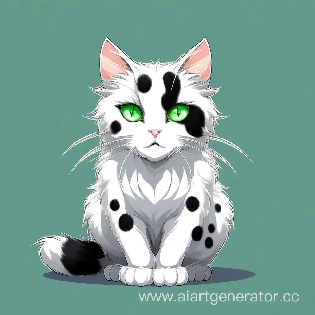 Пушистая белая, зеленоглазая кошка с чёрными пятнами,  