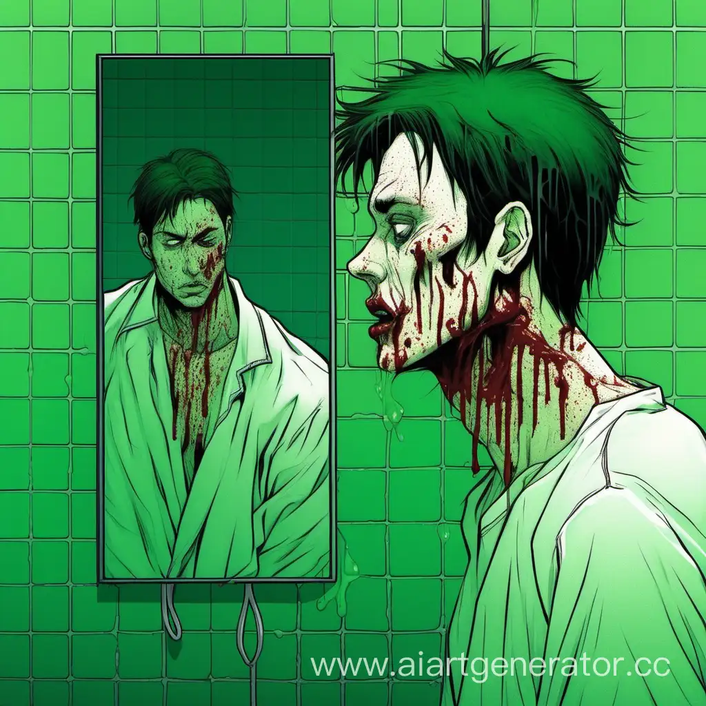 the guy looks at himself in the mirror, the walls are green, the guy's face is bleeding from a wound that is on his lower lip on the left side, the guy's hair is damp after a shower, he looks slightly down.