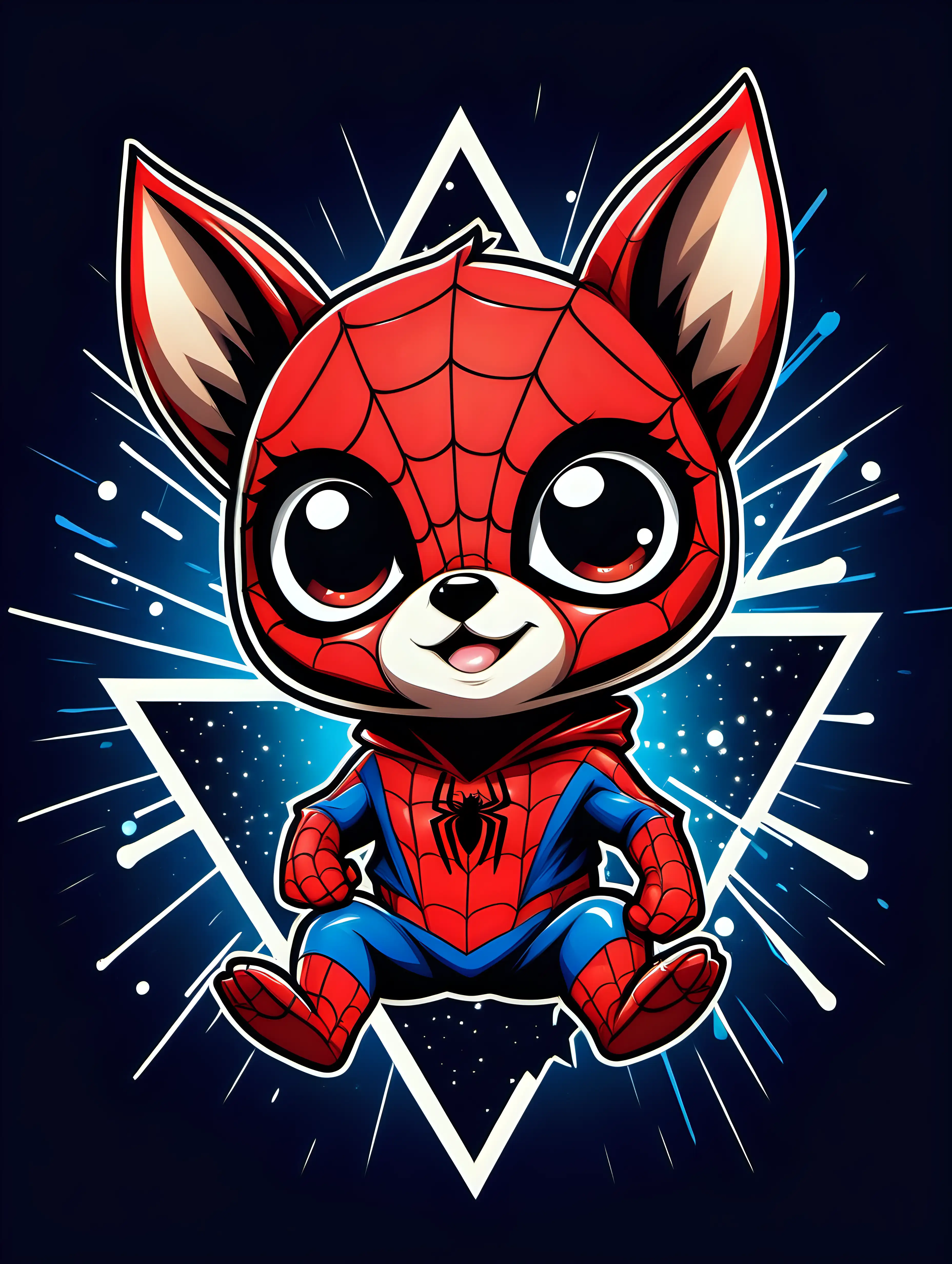 2d poster style, old style poster drawing, hight contrast, flat pop art style drawing of a triangle-shaped composition featuring a little cute chuhuahua puppy daredevil, smiling, dressed like Spiderman, glowing, hanging with head down like Spiderman. Anime, chibi style. Big head, small body, big eyes, very small muzzle, tiny nose. Cute face. The background is night city lights, filled with graffiti elements, incorporating vibrant electric colors, various shapes, and dynamic lights, urban  and streets elements. The overall image should be lively, colorful, and reflective of contemporary youth culture, embodying the energetic spirit of pop art. Drawing must be in 2d flat style, popart. 