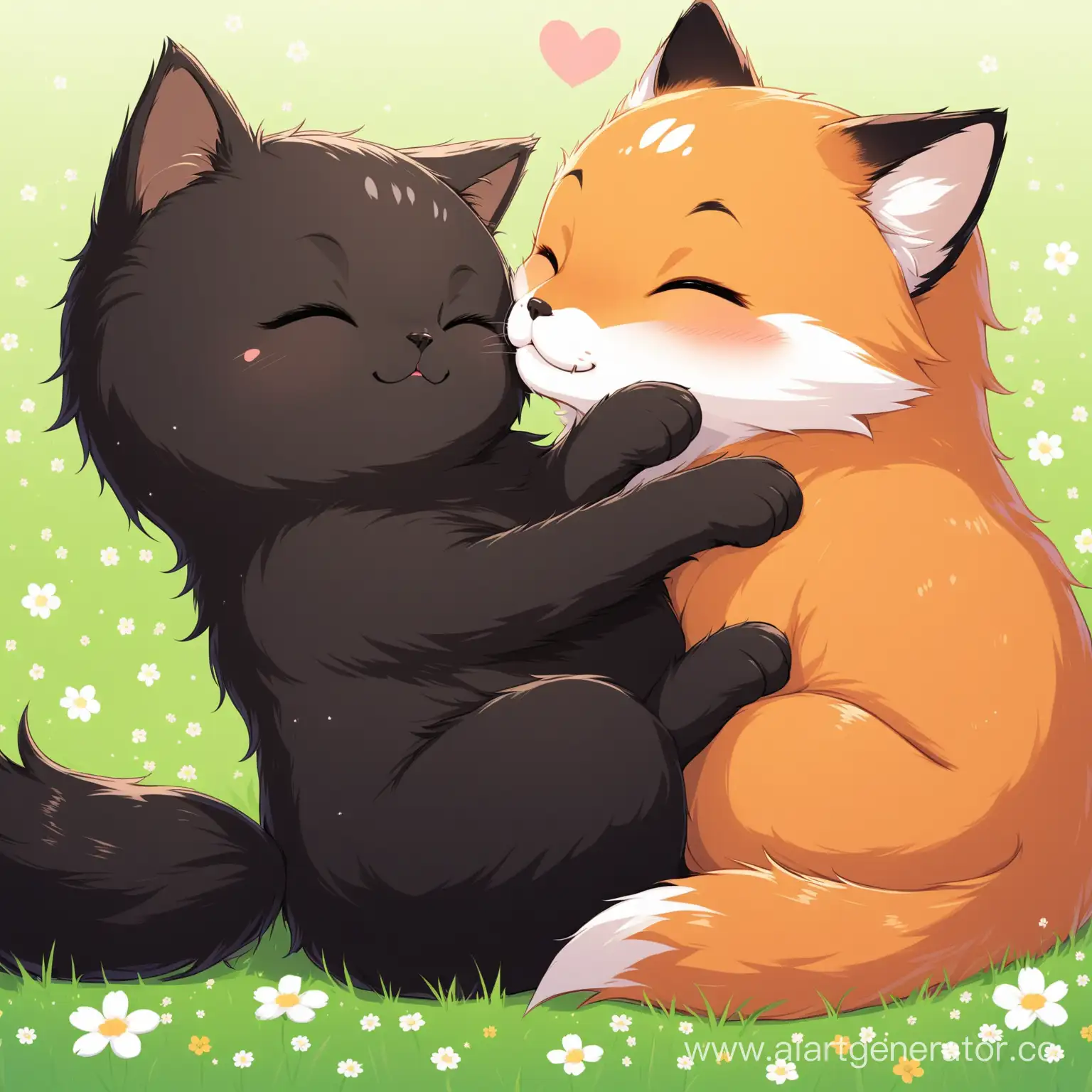 Affectionate-Black-Fluffy-Cat-Kissing-a-Fox