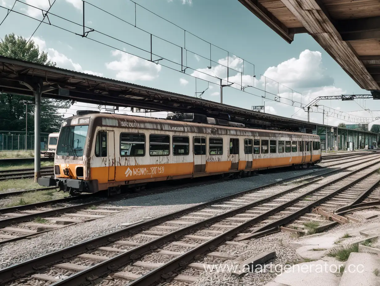 a dystopian, derilict, suburban trainstation near munich, roofless, a broke down train in the midground