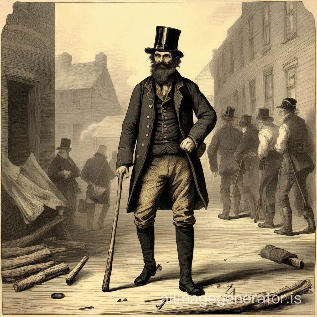 October 1815 town of dignified stout robust man in the prime of life leather cap shirt soldier's bag long beard twisted worn-out tie rags man walks with a twisted stick in hand