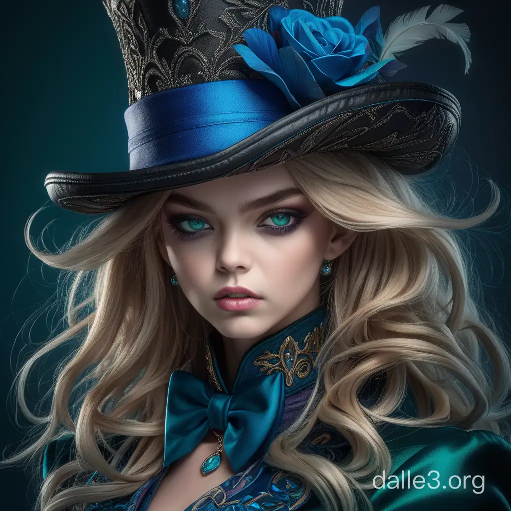 a close up of a person wearing a top hat, a character portrait, inspired by Hedi Xandt, featured on cgsociety, gothic art, ornate dark green clothing, samara weaving vampire, costume with blue accents, female mad hatter, artgerm and patrick demarchelier, dark sorceress full view, gorgeous detailed face, menacing look, Miki Asai Macro photography, close-up, hyper detailed, trending on artstation, sharp focus, studio photo, intricate details, highly detailed, by greg rutkowski