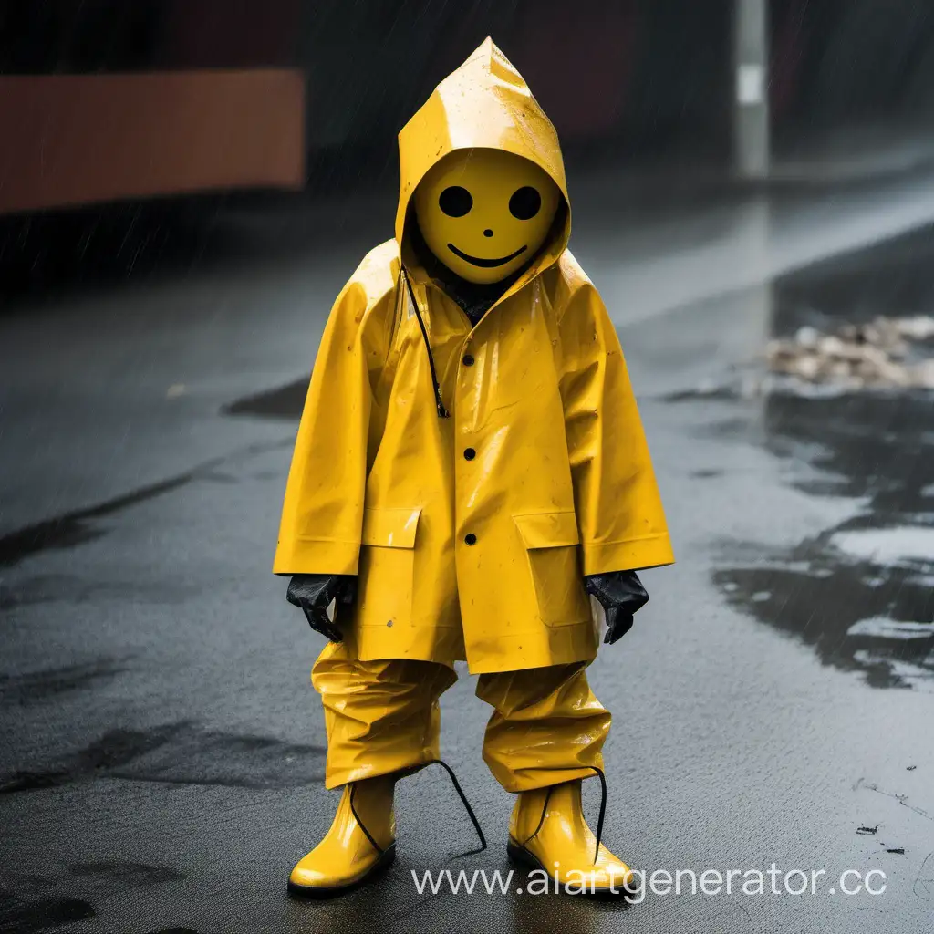 Yellow-Rubber-Raincoat-Man-with-Wooden-Mask