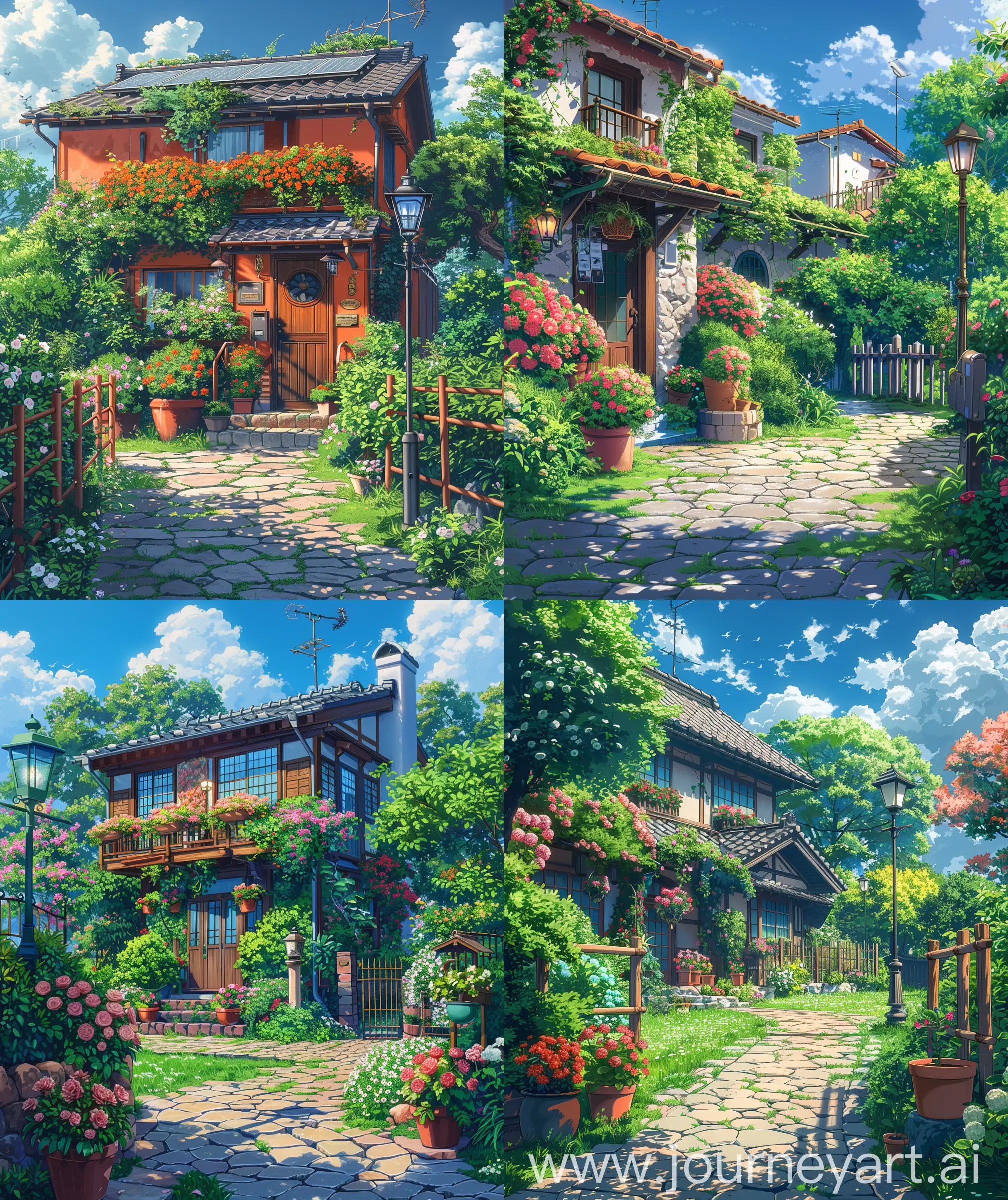 Anime scenary, mokoto shinkai and Ghibli style mix , direct front facade view of  eco house, flowers, pot, stone pavement, lamp post, grass,  fence, bushes, vibrant colours, illustration , anime scenary, day time, ultra HD, high quality, sharp details, no hyperrealistic --ar 27:32 --s 400