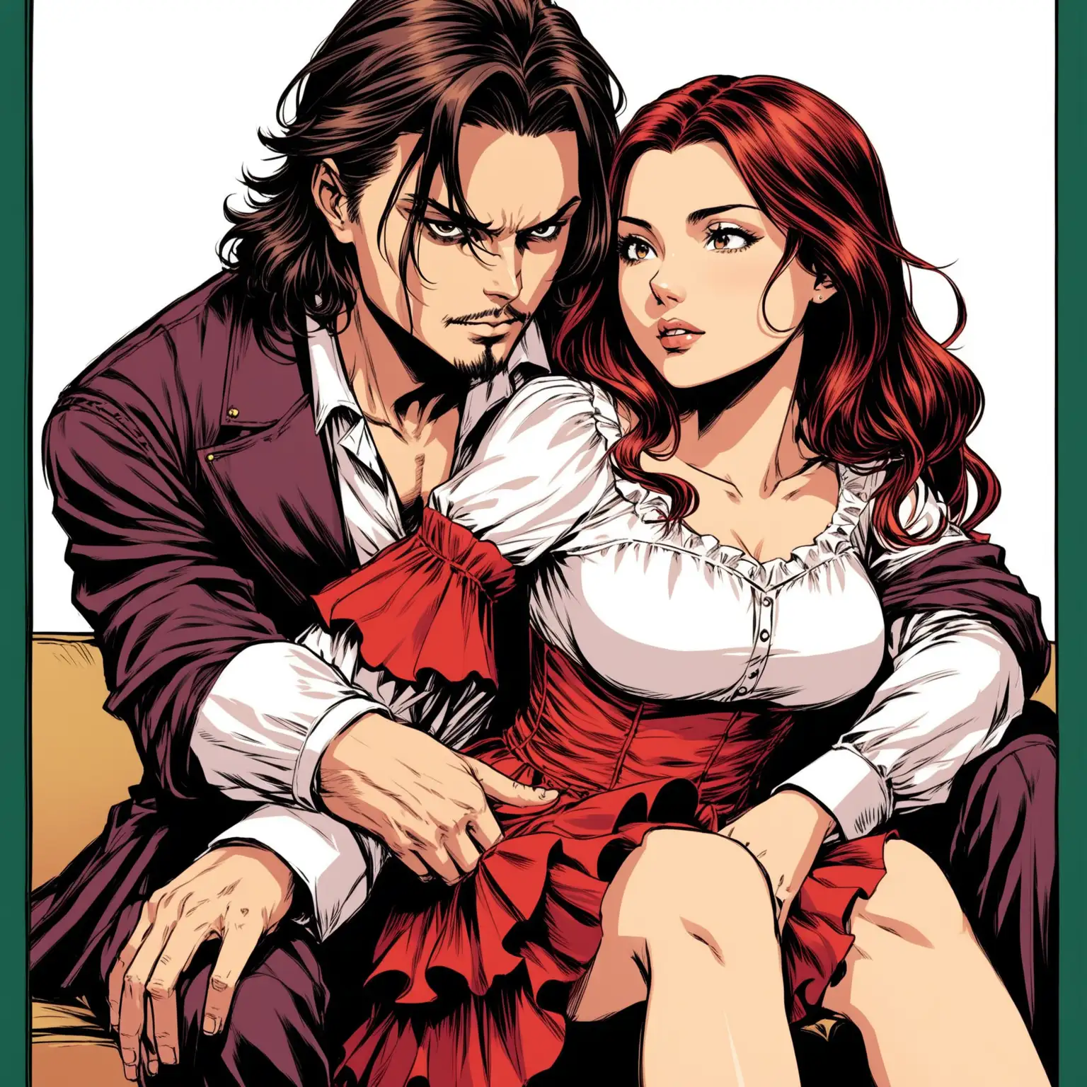 Comic Style Portrait Woman with Stroke by Olivia Casta and Johnny Depp Lookalike in Vintage Attire