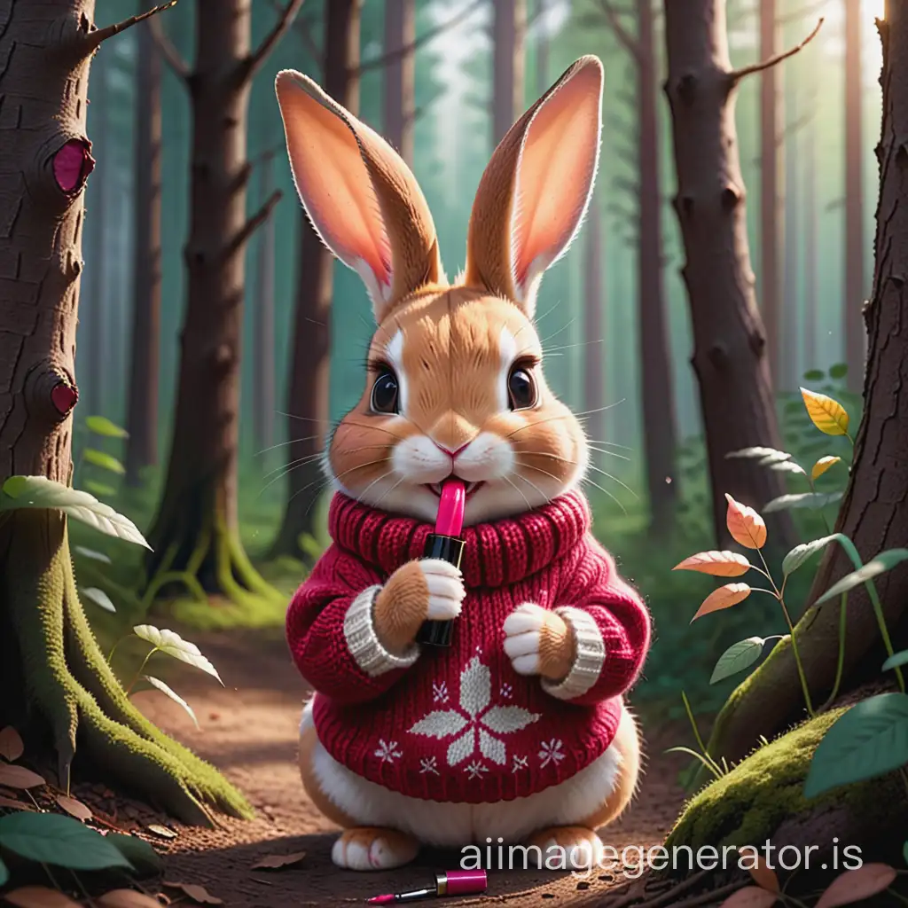 The little rabbit in a sweater in the forest holds lipstick in its paws