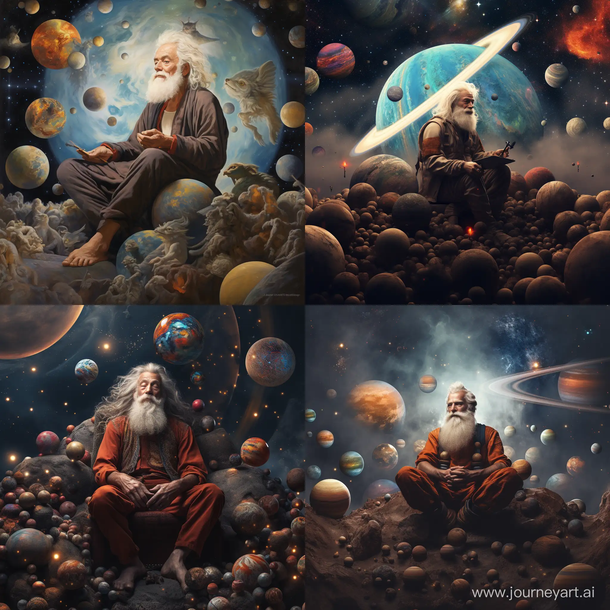 множество планет и медитирующий старик