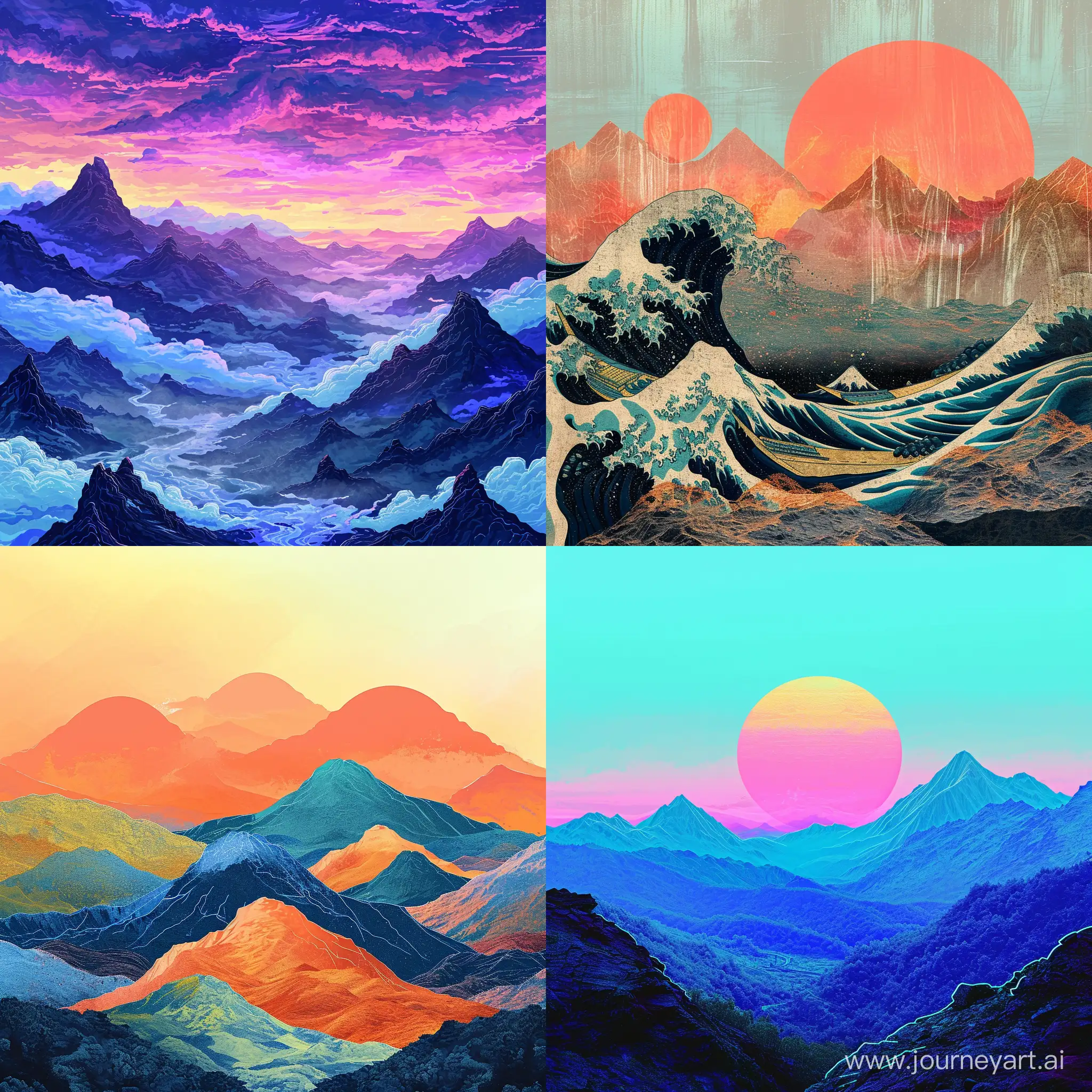 Mountains landscape, digital painting, Hokusai style by Vincent van Gogh , synthwave