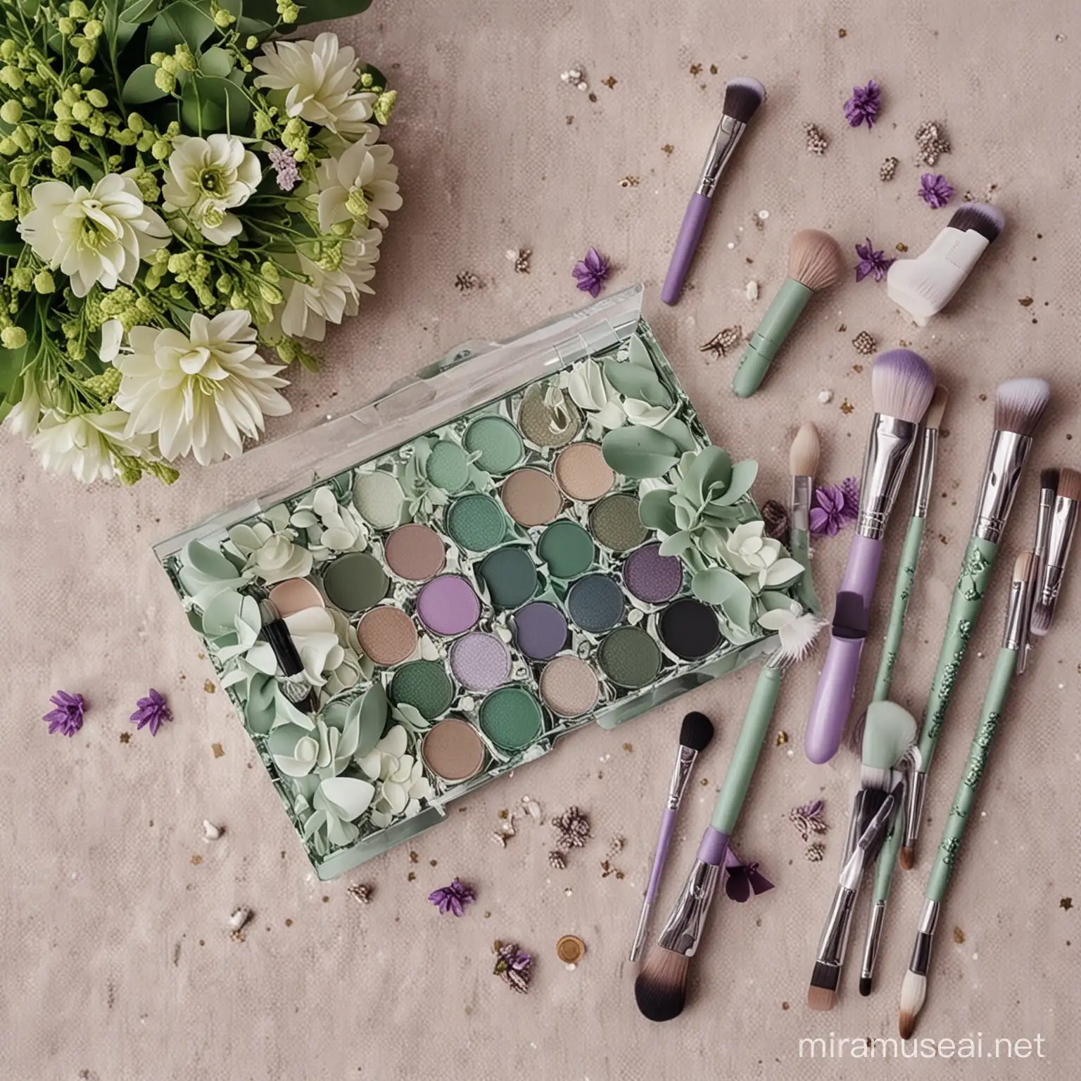 Makeup Brushes and Eyeshadow Palette with Green Flowers and Lilac Accessories
